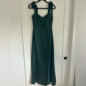 Dark green Lulu’s prom dress with tie sleeves and leg slit